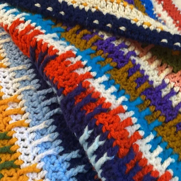 Vintage! Handmade Crochet Stripe Reversible Blanket 63” by 50” - Picture 6 of 11